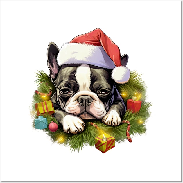 Lazy Boston Terrier Dog at Christmas Wall Art by Chromatic Fusion Studio